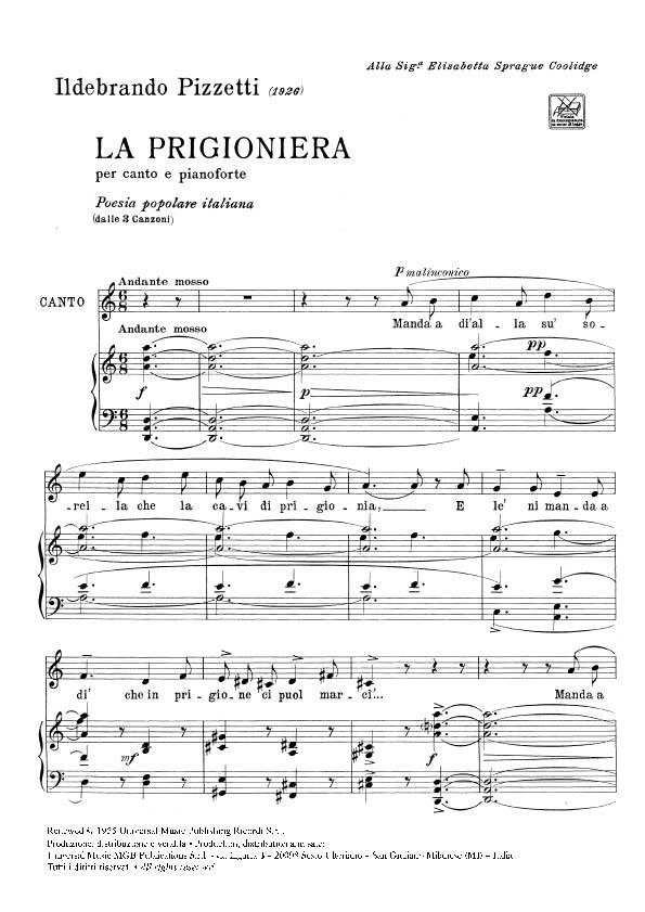 3 Canzoni Su Poesie Popolari Italiane: N. 2 La - Riduzione Per Soprano E Pianoforte - pro zpěv a klavír